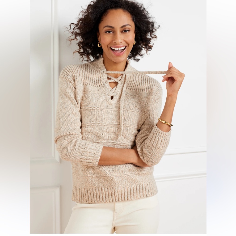 Talbots Womens Cream Tan Beige Lace Up Ribbed Sweater Size XL Beachy Neutral
